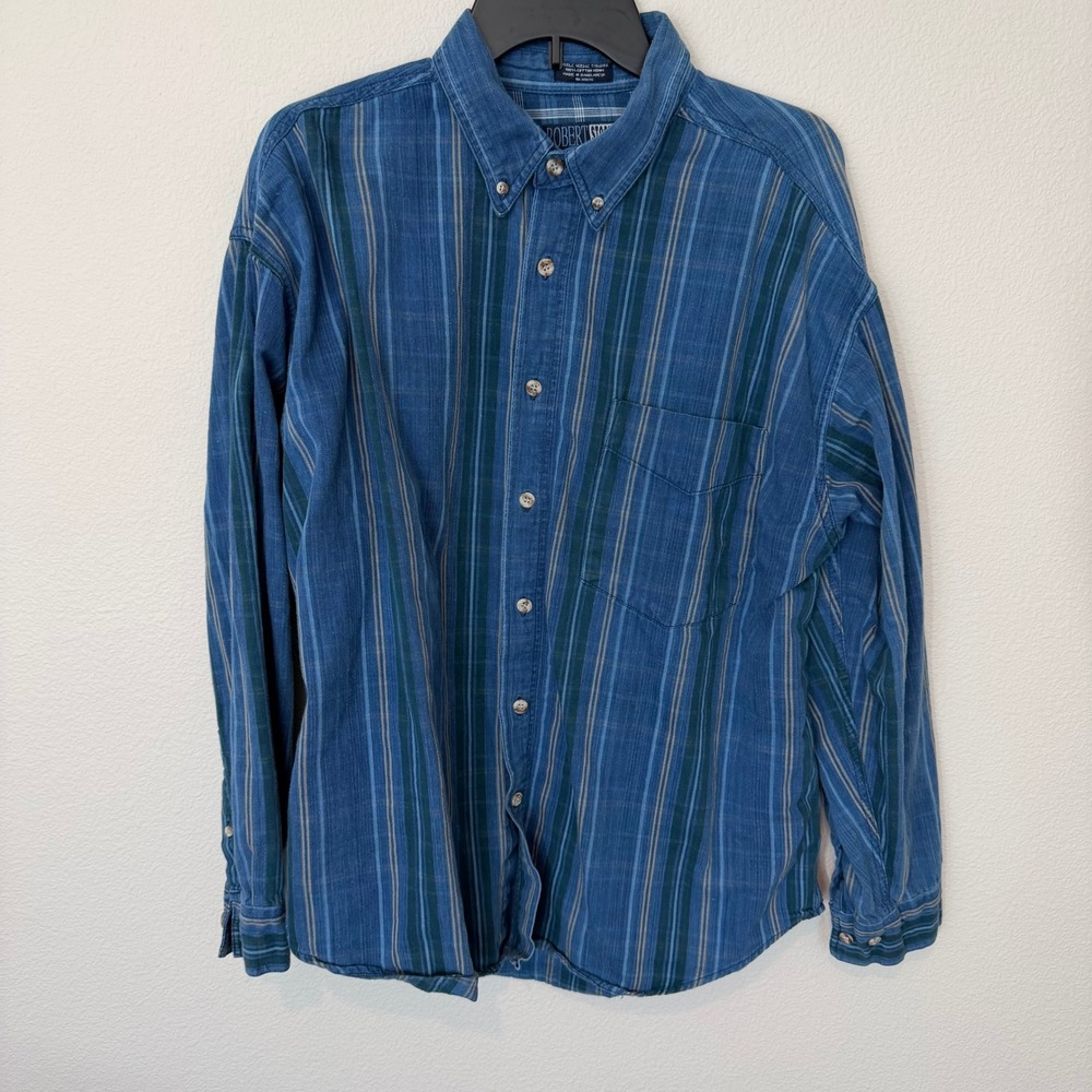 Robert Stock Button Down Shirt Mens Blue Good Striped Denim Cotton Long Sleeve